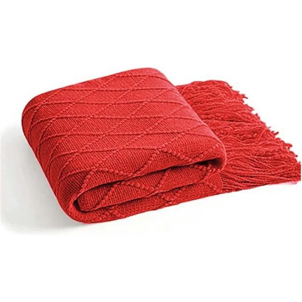 Decorative Knitted Throw Blankets Soft Cozy Blanket with Tassel, Red